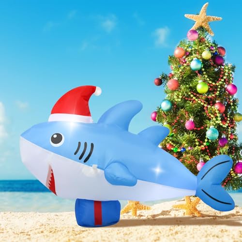 4FT Long Christmas Inflatable Shark Decorations with Lights,Outdoor Indoor Blow up Blue Fish Christmas Decoration