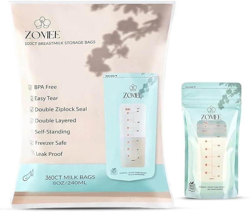 Zomee Bolsas de almacenamiento de leche materna de 8 oz, 360 unidades, a prueba de fugas, sin BPA, aptas para congelador | Preesterilizado, cierre de cremallera doble, se mantiene firme mientras se llena con una mano, tapa de vertido fácil de rasgar, marcas de medición y panel de fecha para escribir.