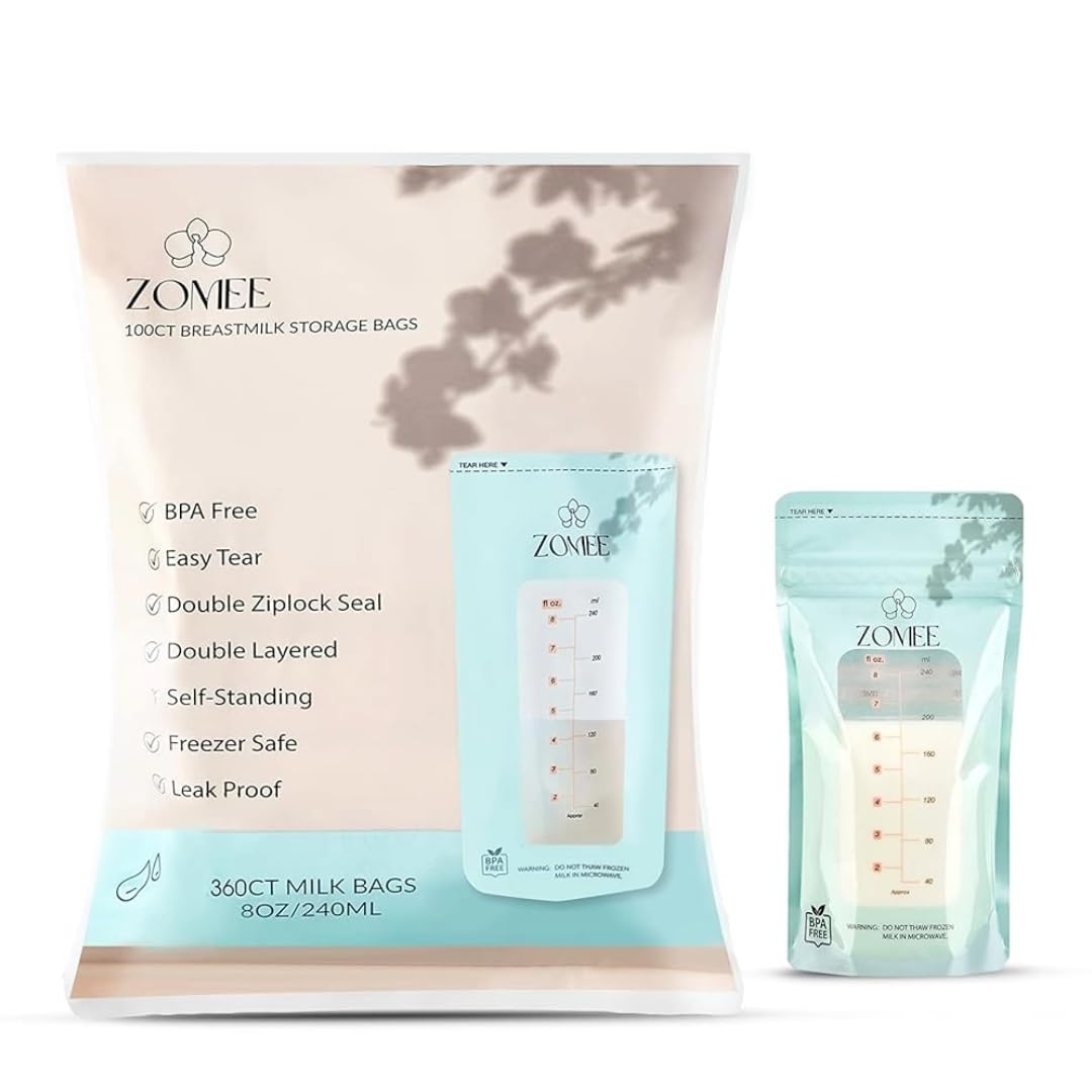 Zomee Breast Milk Storage Bags 8oz – Leakproof Double-Zip Seal, Self-Standing, Easy-Pour Design, Freezer Safe, Pre-Sterilized, BPA & Phthalate Free –