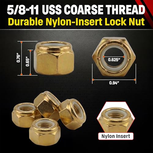Image of Chenango Supply 5 /8-11 Grade 8 Nylon Insert Lock Nuts | Alloy Steel Nylock Nuts, Yellow Zinc Chromate Finish, USS Coarse Thread Heavy Duty Fasteners (10 Pieces)