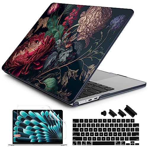 Batianda Premium Case for New MacBook Air 15 inch 2025 2024 2023 with M4 M3 M2 Chip, Designed Black Protective Plastic Hardshell & Keyboard Cover & Screen Protector, Vintage Flower