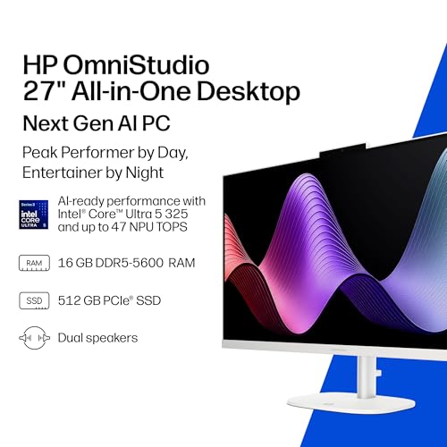 Image of HP OmniStudio 27 inch All-in-One Desktop Next Gen AI PC, FHD Display, Intel Core Ultra 5 325, 16 GB RAM, 512 GB SSD, Intel Graphics, Windows 11 Home, Jet Black, 27-cy0002 (2026)