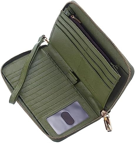 Chelmon Large Capacity Womens Wallet Leather RFID Blocking Purse Credit Card Clutch(Ch Green Army)
