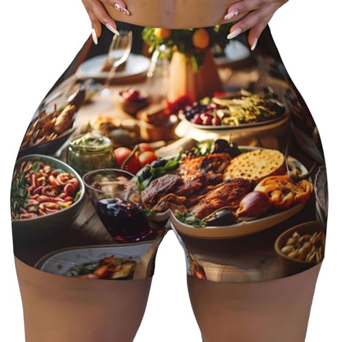 Potluck Supper Pattern Sports Shorts, high Elastic Slim Fitness Pants, Suitable for Yoga/Leisure/Daily wear