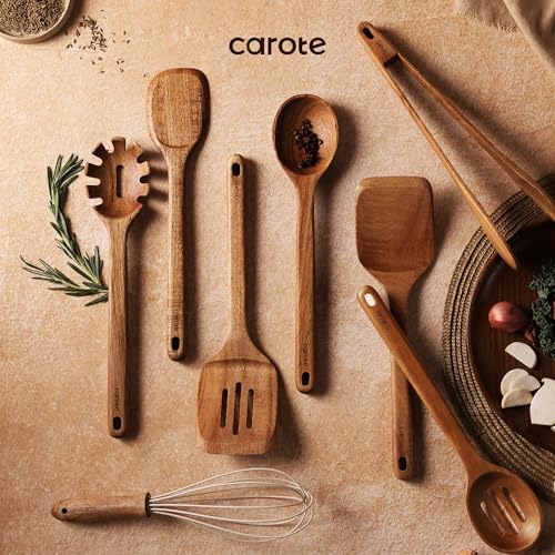 CAROTE Wooden kitchen Utensils Set, Acacia Wood 8pcs Cooking Utensil Set for Nonstick Cookware, Long-lasting Wooden Spoons for Cooking, Spatula, Turner - Image 8