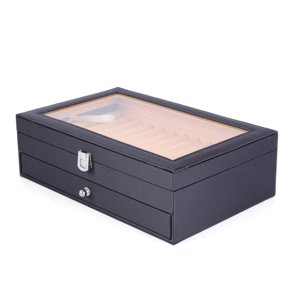 Meeden Sakura - Portapenne in legno con 24 scomparti, colore nero, 30,5 x 20 x 9,5 cm, coperchio trasparente, 2 livelli con cassetto