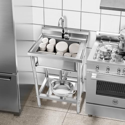 YORKING Stainless Steel Utility Sink, Free Standing Single Bowl Kitchen Sink with Cold and Hot Water Pipe for for Laundry Room Farmhouse Indoor and Outdoor Sink (22 inch)