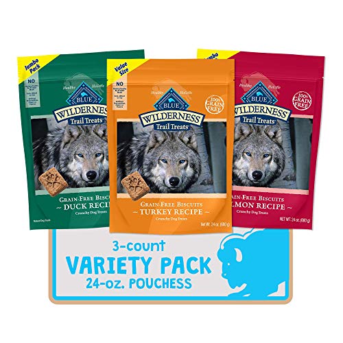 Blue Buffalo Wilderness Trail Treats High Protein Grain Free Crunchy Dog Treats Biscuits, Duck, Turkey, Salmon Recipes 24-oz Variety Pack, 3Ct
