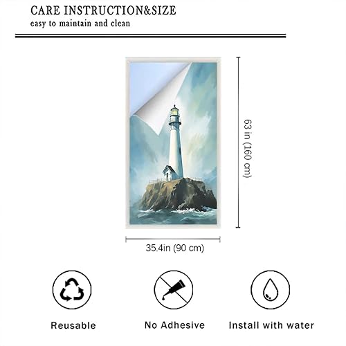 Miniatura 49 de Lámina abstracta retro de acuarela para ventana de vidrio con diseño de faro, diseño náutico, para privacidad en el océano, no adhesiva, para baño