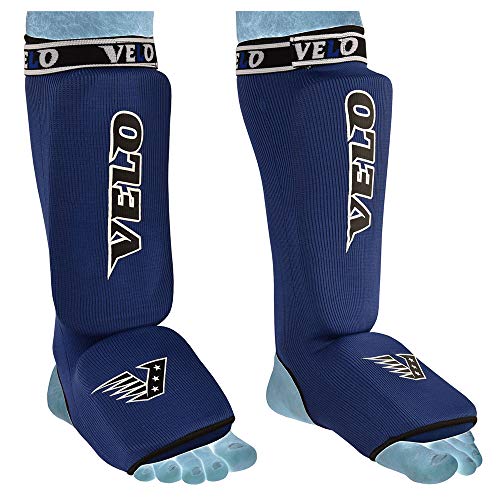 VELO Shin Instep Pads MMA Leg Foot Guards Kick Muay Thai Boxing Guard Protectors (Blue, S)