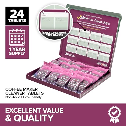 Stock & Brew Coffee Maker Cleaner Tablets 24 Count 1 Year Supply Descaler and Cleaning Tablets for Espresso Drip and Pod Machines Removes Residue and Improves Taste