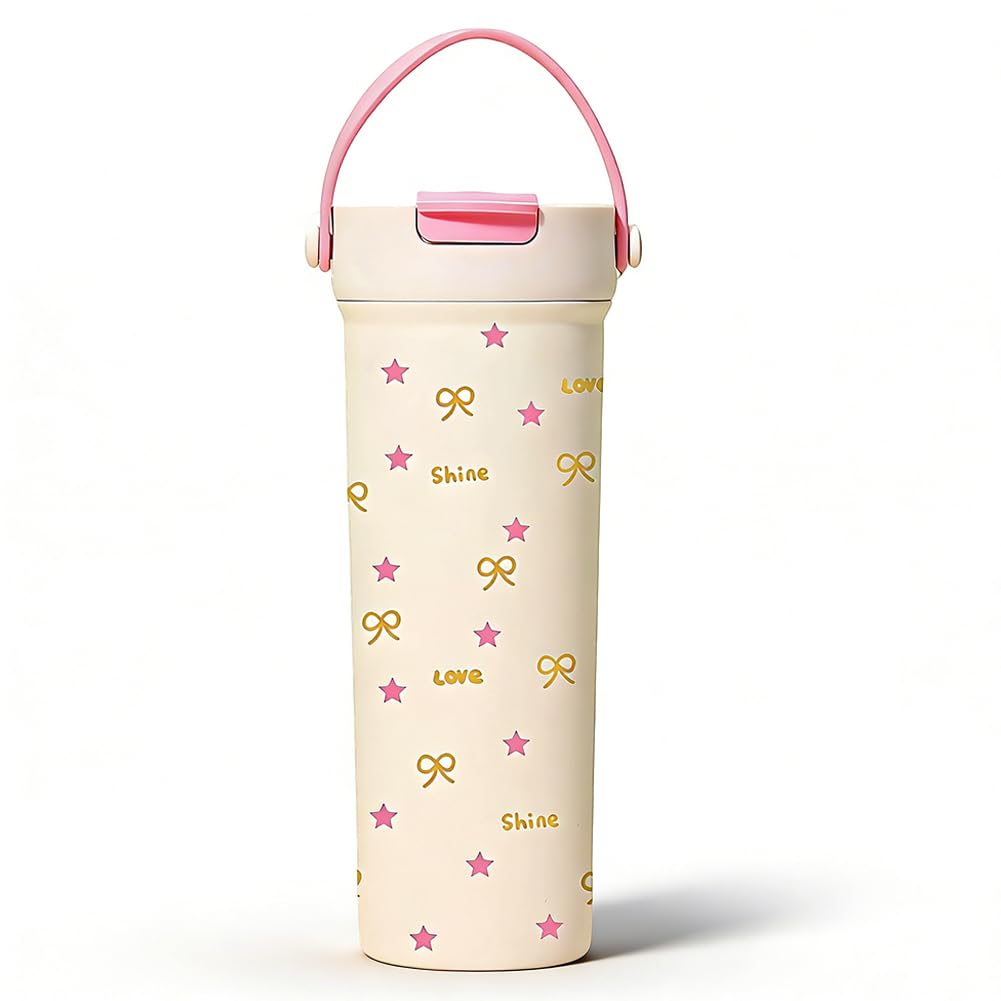 Pink Stainless Steel Straw Lid Tumbler 20oz with Bow Tie & Star Print
