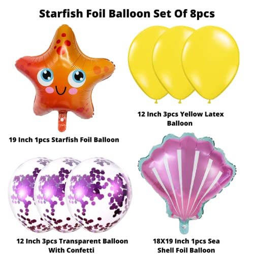 Image of Party Decorz Starfish Foil Balloon Set Of 8(1pcs Starfish Foil Balloon+1pcs Sea Shell Foil Balloon +3pcs Latex Balloon+3pcs Transparent Balloon) For Kids Ocean Animal, Mermaid Theme Party Decoration