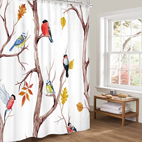 Riyidecor Rustic Birds Print Shower Curtain For Bathroom 72X72 Inch Watercolor Spring Tree Branch Cute Lovely Classy Twig Oil Painting Herbs Decor Fabric Polyester Waterproof Bb-Ucqk #TOP2