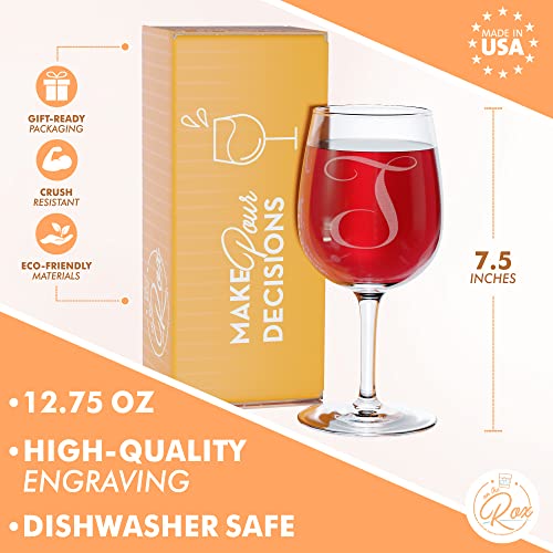 On The Rox Drinks Monogrammed Gifts For Women - A-Z Personalized Wine Glasses Engraved- 12.75 Oz (T) #TOP1