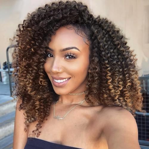 LADY MIRANDA Brown Color Afro kinky Curly Braiding Hair Extensions Jerry Curl Crochet Hair 3X Braid Hair Mixed Dark Brown to Light Brown Short Synthetic Hair Styles (Black&brown) 10 Inch-3 P