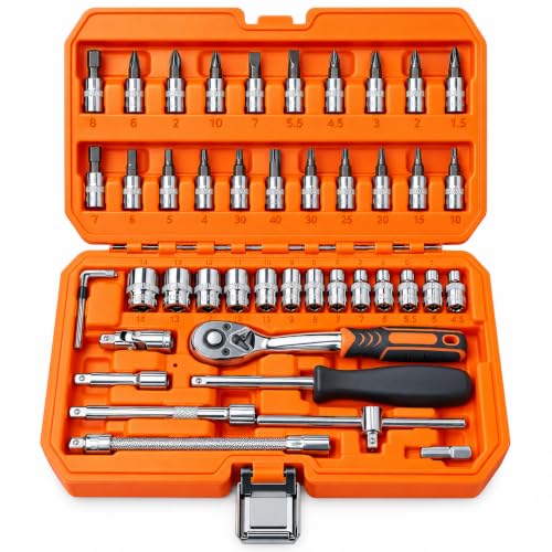 Image of 46 Pcs 1 /4 Inch Drive Ratchet Socket & Bit Set, Chrome Vanadium Steel Tool Kit with Knurled Sockets, Mirror Finish & Heavy Duty Grip Handle for Home, Garage & Workshop