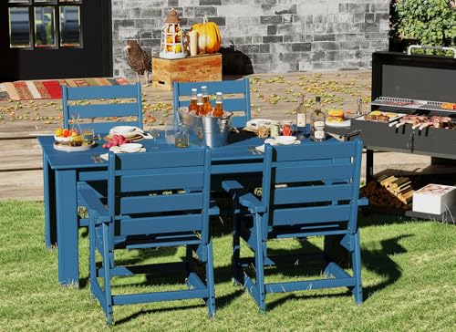 Image of GREENVINES 7-Piece Outdoor Dining Set | HDPE | Patio Table and Chairs Sets for 6 | Patio Furniture | All Weather | Umbrella Hole | Blue| for Backyard Poolside Garden