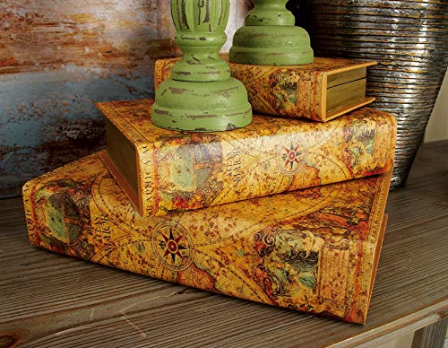 Deco 79 Wood Faux Book Box With World Map Cover, Set Of 3 15", 12", 9"H, Brown #TOP1