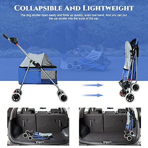 Pet Stroller 4 Wheels Posh Folding Waterproof Portable Travel Cat Dog Stroller With Cup Holder,Blue #TOP1