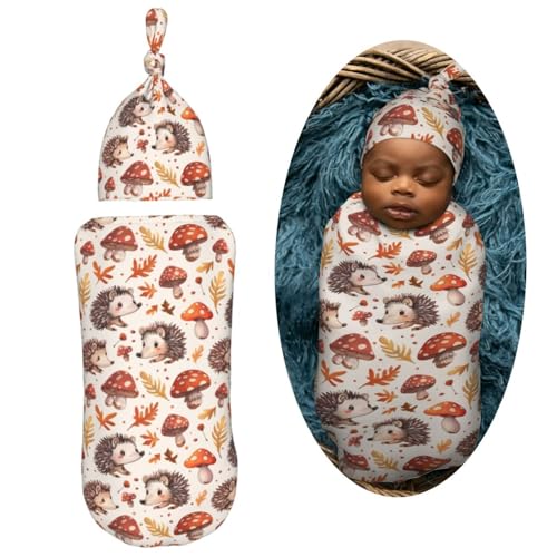 Image of Baby Cute Hedgehog Mushrooms Newborn Swaddle Blankets Hat Sets Soft Baby Receiving Blanket Swaddle Sack for Baby Shower Infant Boy Girl Gift