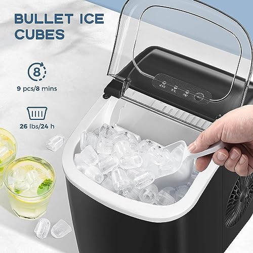 Countertop Ice Maker Machine, Portable Ice Maker with Handle, 27lbs/24Hrs, 7Mins/9 Pcs ice Cubes, Countertop, Self-Cleaning Ice Maker with Ice Basket/Scoop, for Home/Kitchen/Office(Black) - Image 3