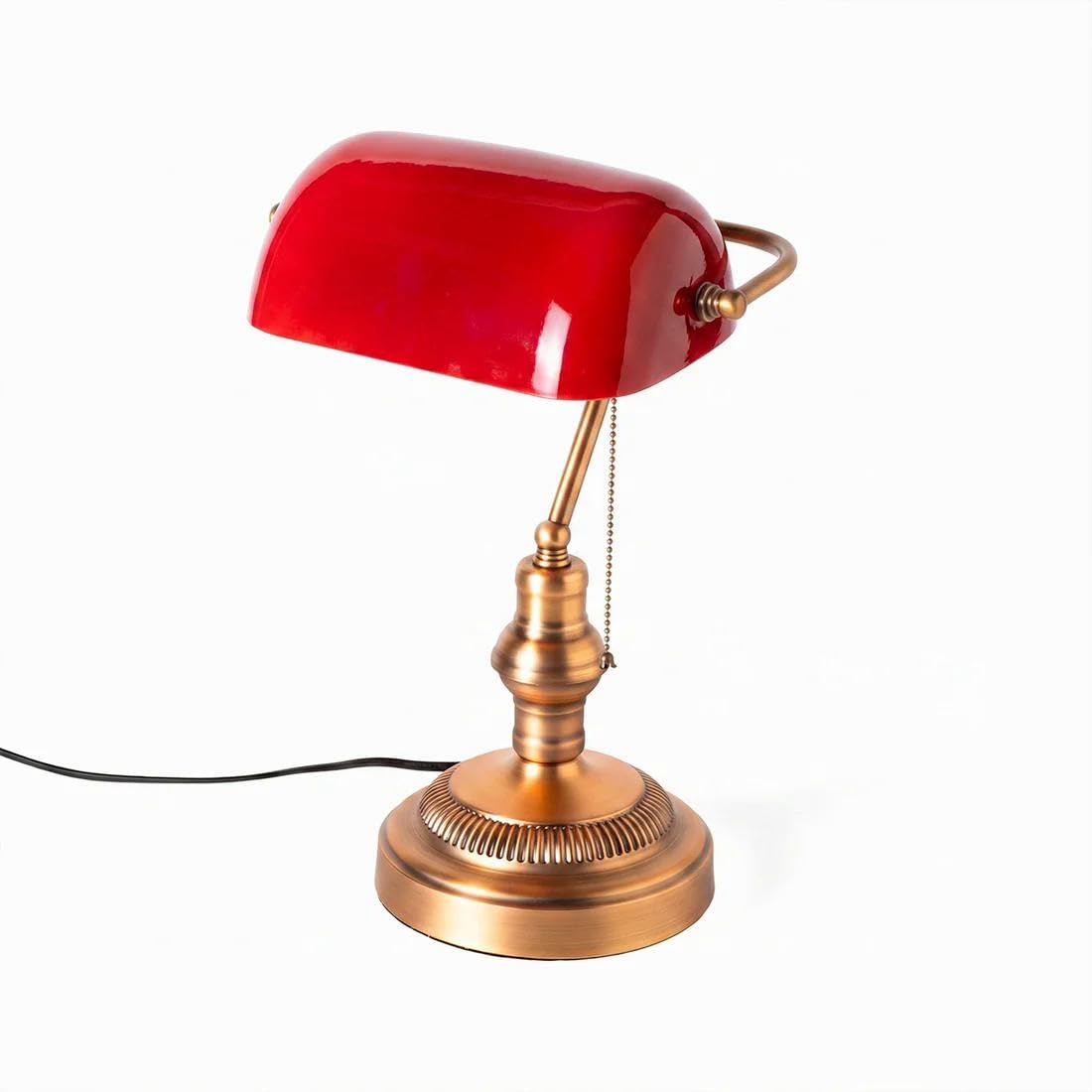 BARCELONA LED Bankerlampe Vintage Rot, Schreibtischlampe mit Glasschirm & Metallfuß in Nickel Satiniert, Retro Bürolampe im Industrial & Nordischen Stil, Klassische Tischleuchte mit E27 Fassung