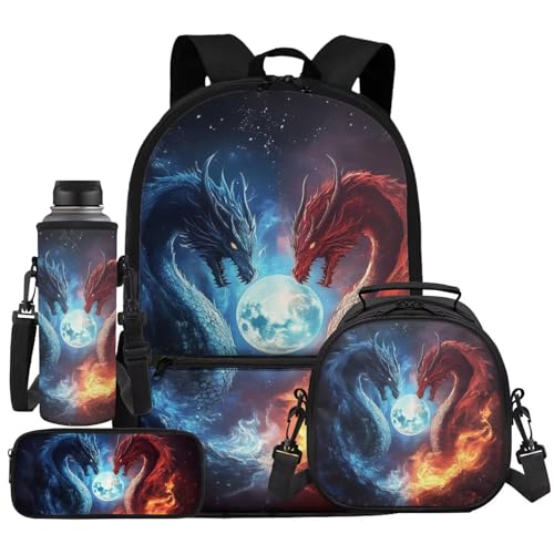 Dragon Backpack Kids Cool Backpacks for Boys with Lunch Box Ages 6-8 Large Capacity School Bookbag for 3rd Grade Lunchbox and Pencil Case Water Bottle Holder, 4Pcs, Lunch Bag School Bag