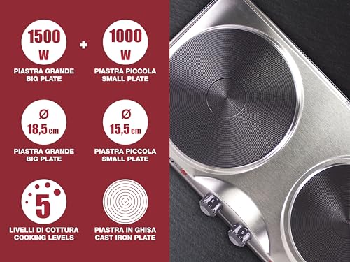 BEPER 90.825 Hornillo Eléctrico en Acero Inoxidable con 5 Grados de Intensidad - Cocina Eléctrica Portatil 2 Placas, Gris/Negro - imagen 2