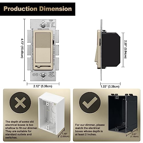 Bestten Matte Champagne Gold Dimmer Wall Light Switch, Single Pole Or 3-Way, Compatible With Dimmable Led, Cfl, Incandescent And Halogen Bulb, 120Vac, Signature Collection, Ul Listed #TOP6