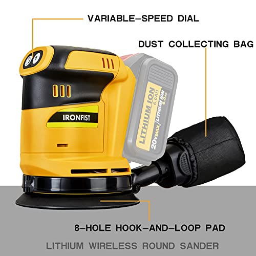 Ironfist Random Orbit Sander For Dewalt Lithium Battery, 5Inch Electric Palm Sander/Polisher 3 Speed Setting With Dust Bag With Sandpaper & Polishing Sponges (Tool Only, No Battery) #TOP1