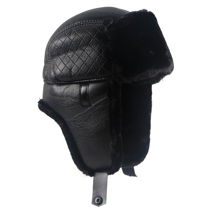 Gorro de Invierno Térmico Gorra de nieve de cuero Sombrero de bombardero for hombre Sombreros de invierno térmicos de piel sintética negra con gorra de papá con orejeras Sombrero de Aviador para Esqui