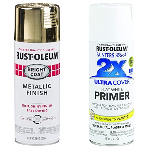 Rust-Oleum 7710830 Stops Rust Bright Coat Metallic Spray Paint, 11 Ounce (Pack of 1) & 249058 Painter's Touch 2X Ultra Cover, 12 Fl Oz (Pack of 1), Flat White Primer, 12 Ounce