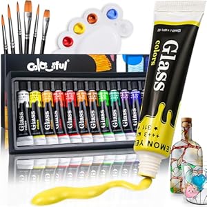 Colorful Acrylic Glass Paint Set with 6 Brushes, 1 Palette, 12 Colors Stain Glass Paints for Wine Glass, Waterproof Acrylic Enamel Paint Kit to Create Translucent Arts on Porcelain, Window & Ceramic