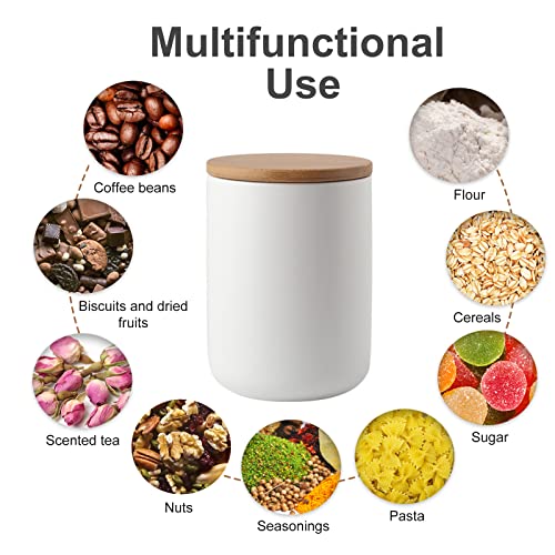 Modernes Design Frischhaltedose mit luftdichtem Holzdeckel, Keramik-Lebensmittelaufbewahrungsdose, Frischhaltedose für Kaffee, Zucker, Tee, Gewürze usw. (Weiß, 260 ml)