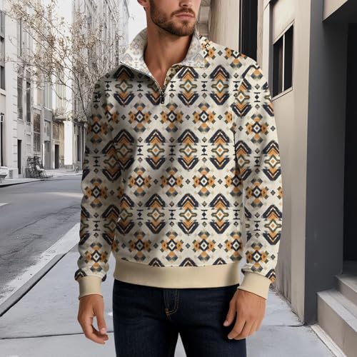 Quarter Zip Pullover for Men 2025 Trendy Aztec Print Western Sweatshirts Lightweight Mock Neck Polo Shirts2