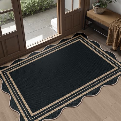LORWER Easy Jute Black Front Door Mat, 2.6x4 Washable Entryway Rug Non Slip Small Kitchen Rug, Farmhouse Low Pile Floor Scalloped Rugs for Bathroom Porch Doorway by LORWER - Used condition - US$34.19