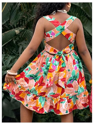 Girl's Tropical Dress Boho Criss Cross Bowknot Back A Line Summer Flowy Dresses3