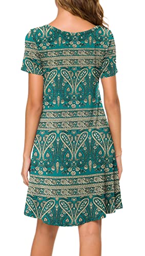 Popyoung Women's 2023 Summer Casual T-Shirt Dress Short Sleeves Swing Boho Beach Cover Up S, Blue Khaki #TOP2