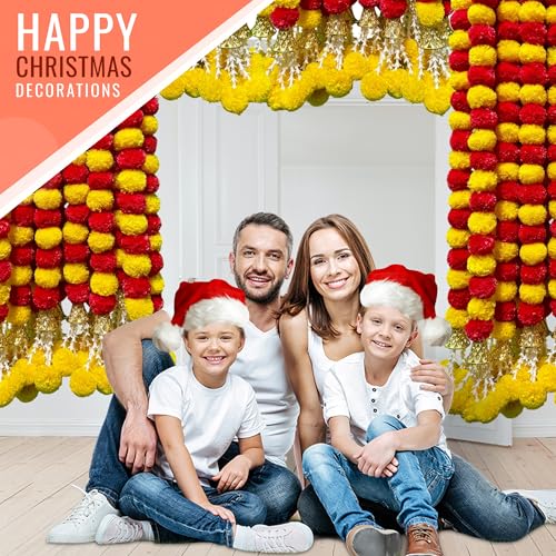 Image of DIYANA IMPEX Marigold Garland for Decoration 5 Pcs of 5 feet Long Strands Artificial Marigold Flowers with Bell, Indian Decor for Pooja /Diwali Decorations /Christmas (Red + Yellow)