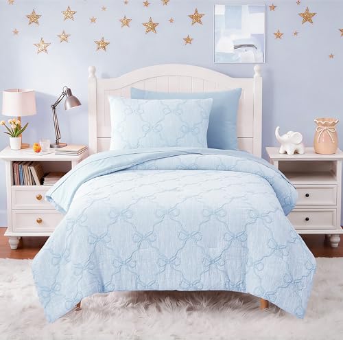 Image of Twin Comforter Set with Sheets for Girls-5 Pieces Bow Twin Bedding Sets | Soft Jacquard Bed Set with Light Blue Comforter, Pillowcases & Shams, 66 inch X 86 inch
