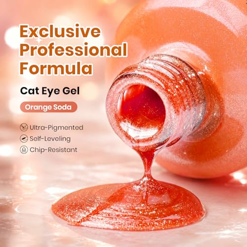 Image of Beetles Orange Cat Eye Gel Nail Polish - 15ML Orange Soda Summer Cat Eye Glitter Magnetic Gel Polish Shimmer Effect Soak Off UV French Nail Art Design Salon DIY Manicure Gifts for Women