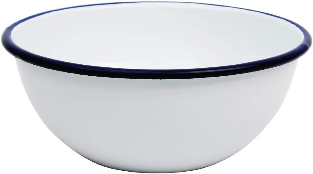 Enamel Bowl Set 6 1/8" White with Blue Rim Dishwasher Safe Oven Safe Camping Tableware Rustic Dining Professional Home Use GM514
