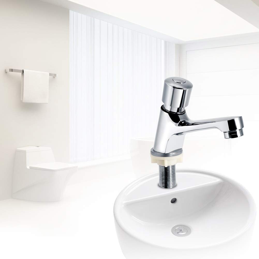 KSTE Grifo Lavabo, grifo del fregadero que ahorra agua, de cierre automático, chapado en cromo, para lavabo moderno y cocina pública con retardo de tiempo