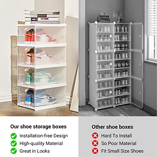Labonida 4 Tier Shoe Storage Organizer Box, No-Assembly-Required Clear Shoe Boxes Container For Closet, Foldable Large Sneakers Display Case With Lids, Drop Front Space Saving Plastic Storage Bins For Size 12 #TOP6