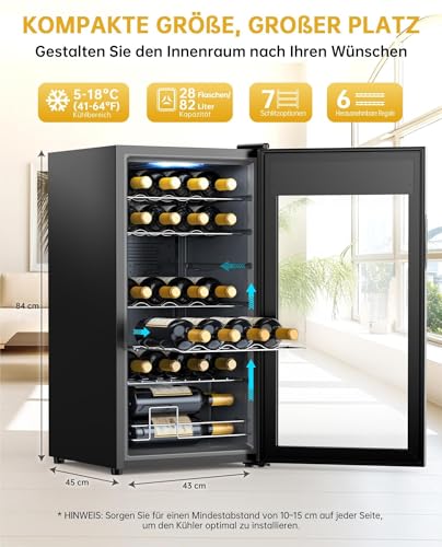 WIE Weinkühlschrank Compressor 82 Liter 28 Flaschen Getränkekühlschrank Kleiner Weinschrank Klein mit Glastür,Vollglas-Designtür mit LED Touchpanel,Anti-UV, Wine Fridge 5-18°C