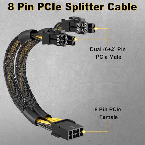 J&D 2-Pack PCIe 8 Pin to Dual 8 Pin (6+2) Power Adapter Cable, 9 Inches, with Heat-Shrink Tubing, PSU Cables for GPU, Female to Male PCIe Cord