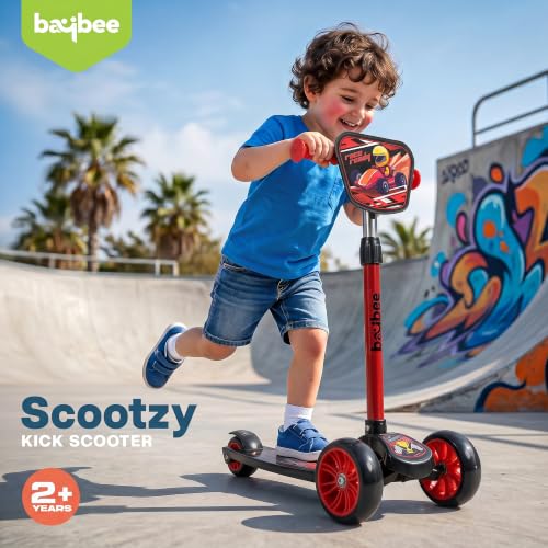 Image of Baybee Trickster Baby Kick Scooter for Kids | Foldable 3 Wheel Kids Scooter with 4 Height Adjustable & Foot Brake | Runner Scooters with Magic Board | Skate Scooter for 2+ Years Boy Girl (Black /Red)