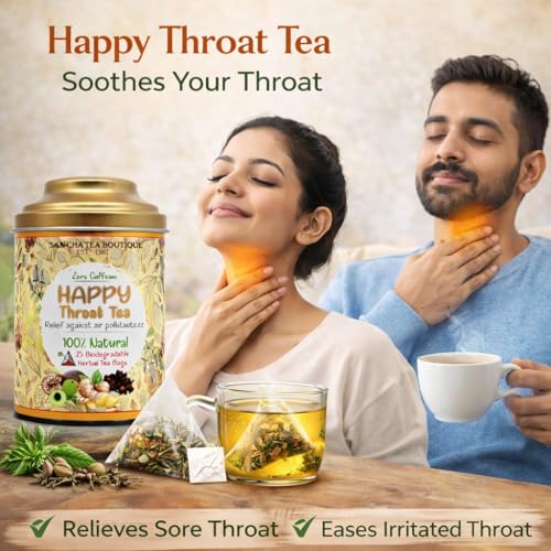Image of Sancha Tea Boutique, Happy Throat Tea, 25 Pyramid Bags, Caffeine Free Herbal Tisane, Sore Throat Support, Liquourice Blend