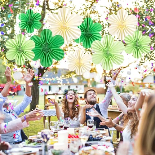 Image of SUNBEAUTY Green Paper Flowers Decorations for Wall, Spring Summer Paper Fans Decor, Classroom Decor Paper Floral Backdrop Paper Flowers Decoration Hanging Paper Fans Green Flower Wall Decor, Set of 9